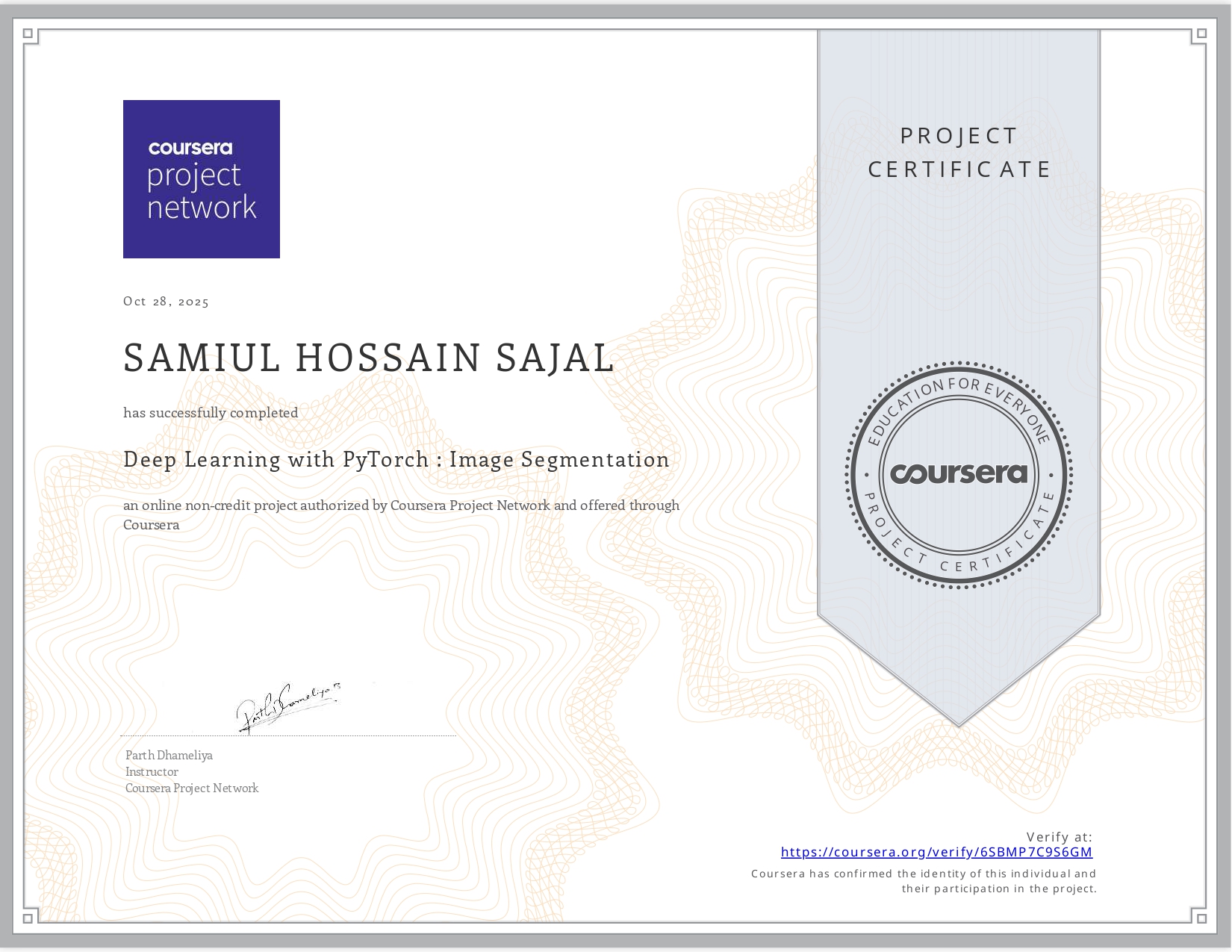 Deep Learning with PyTorch Image Segmentation certificate
